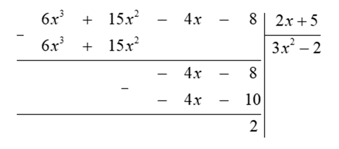 Tìm các giá trị nguyên của  x  để giá trị của đa thức  A ( x ) = 6 x^3 + 15 x^2 − 4 x − 8  chia hết cho giá trị của đa thức  B ( x ) = 2 x + 5 . (ảnh 1)