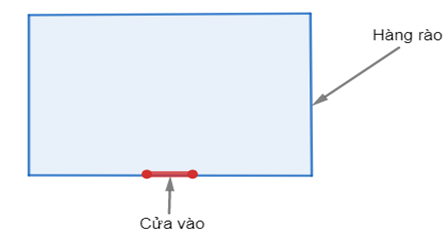 a) Hỏi cần phải dùng bao nhiêu mét dây thép gai để làm hàng rào, biết rằng cửa vào khu vườn rộng 5 m?     b) Dọc theo các cạnh của khu vườn, người ta trồng các khóm hoa, 1 m trồng được một khóm hoa. Tính số khóm hoa cần trồng. (ảnh 1)