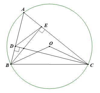 Cho  Δ A B C  có 3 góc nhọn  ( A B < A C )  nội tiếp đường tròn  ( O ; R ) ;  vẽ các đường cao  B E  và  C D  của  Δ A B C  ( E  thuộc  A C ;  D  thuộc  A B ).  (a) Chứng minh tứ giác  B D E C (ảnh 1)
