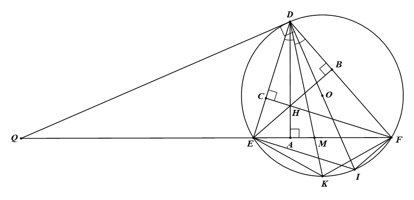 Cho  Δ D E F  nhọn  ( D E < D F )  nội tiếp đường tròn  ( O ; R ) . Ba đường cao  D A , E B , F C  cắt nhau tại  H .  (a) Chứng minh:  B F E C  là tứ giác nội tiếp.  (b) Kẻ đường kính  D I . Chứng minh tam giác  D F I  vuông và  D E . D F = D A . D I . (ảnh 1)