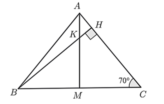 Cho \(\Delta ABC\) c&acirc;n tại \(A\), c&oacute; \(\widehat C = 70^\circ \), đường cao \(BH\) cắt đường trung tuyến \(AM\,\,\left( {M \in BC} \right)\) ở \(K.\)Hỏi số đo \(\widehat {HKM}\) bằng bao nhi&ecirc;u độ? (ảnh 1)