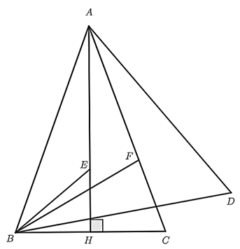 Cho tam giác  Δ A B C  cân tại  A ,  ˆ A = 40 ∘ . Đường cao  A H , các điểm  E , F  theo thứ tự thuộc các đoạn thẳng  A H , A C  sao cho  ˆ E B A = ˆ F B C = 30 ∘ . Số đo  ˆ A E F  bằng bao nhiêu độ? (ảnh 1)