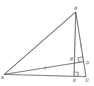 Cho tam giác nhọn \(ABC\). Kẻ \(AD \bot BC{\rm{ }}\left( {D \in BC} \right)\) và \(BE \bot AC{\rm{ }}\left( {E \in AC} \right)\). Gọi \(H\) là giao điểm của \(AD\) và \(BE\). Biết rằng \(AH = BC\), hỏi số đo \(\widehat {BAC}\) bằng bao nhiêu độ? (ảnh 1)