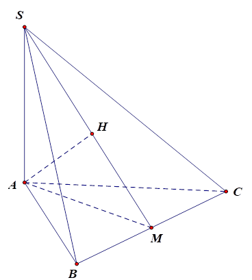 Cho hình chóp S.ABC có đáy ABC là tam giác đều cạnh a. Biết SA = a căn bậc hai của 2 và SA vuông góc với mặt đáy. Gọi M là trung điểm của BC và H là hình chiếu vuông góc của A lên SM (ảnh 1)