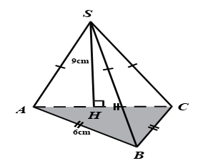 Cho hình chóp tam giác đều \(S.ABC\) có \[AB = 6 cm, \(SH = 9 cm (ảnh 1)