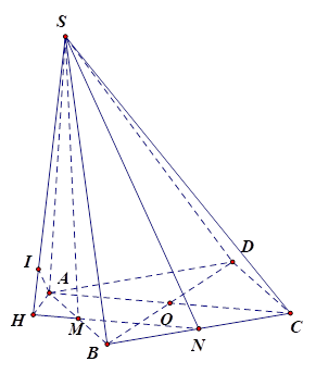 Cho hình chóp S.ABCD có đáy là hình vuông tâm O, có cạnh bằng a. Cạnh bên SA vuông góc với đáy và SA = a căn bậc hai của 2. Gọi M,N lần lượt là trung điểm của AB và BC (ảnh 1)