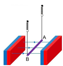 Một đoạn dây dẫn AB thẳng, đồng chất, tiết diện đều, dài 25 cm , có khối lượng 15 g , được treo nằm ngang trong từ trường đều có độ lớn cảm ứng từ là 150 mT (ảnh 1)