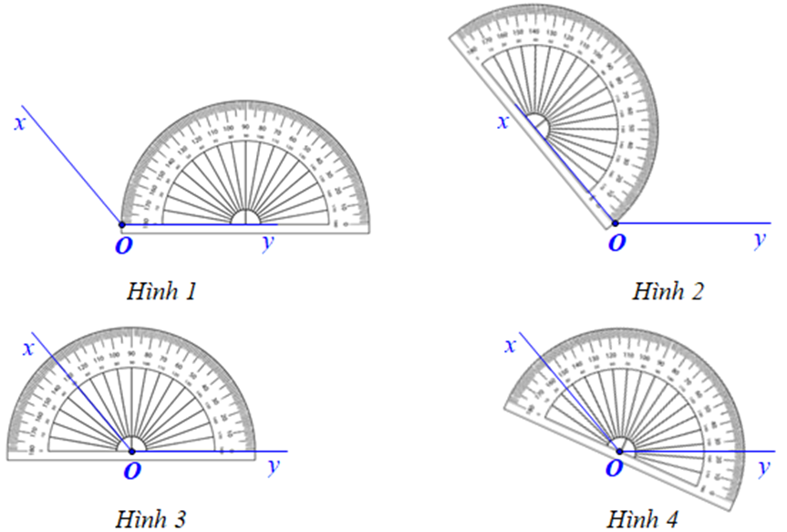 Quan sát các hình dưới đây: Để đo góc \(xOy\), cách đặt thước đo góc đúng là: (ảnh 1)