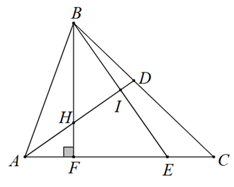 Cho \(\Delta ABC\) có \(\widehat A = 70^\circ \), \(AB < AC\), đường phân giác góc \(A\) cắt \(BC\) tại \(D,\,\,BF \bot AC\) tại \(F,\,\,E\) thuộc \(AE = AB\), \(I\) là giao điểm của \(AD\) và \(BE\). Hỏi số đo \(\widehat {DHF}\) bằng bao nhiêu độ? (ảnh 1)