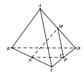 Cho tứ diện ABCD có AC = 6;BD = 8 có AC vuông góc BD. Gọi M,N lần lượt là trung điểm của AD,BC. Tính độ dài đoạn thẳng MN (ảnh 1)