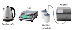Một nhóm học sinh dùng bộ dụng cụ thí nghiệm ở hình bên để đo nhiệt độ của hỗn hợp nước khi trộn hai lượng nước có khối lượng (ảnh 1)