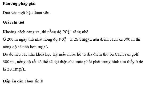 Nếu các nhà khoa học lấy mẫu nước hồ từ địa điểm thứ ba Cách sân golf 300 m , địa điểm nào sau đây rất có thể sẽ đại diện cho mức phốt phát trung bình tìm thấy ở đó? (ảnh 1)