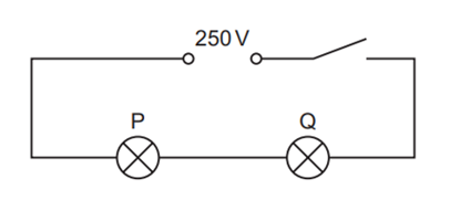 Trong mạch điện, đèn P có giá trị định mức 250V, 50W và đèn Q có giá trị định mức 250V, 200W (ảnh 1)