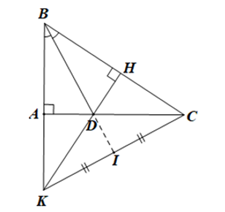 Cho tam gi&aacute;c \[ABC\] vu&ocirc;ng tại \[A\], đường ph&acirc;n gi&aacute;c \[BD{\rm{ }}(D \in AC).\] Từ \[D\] kẻ \[DH \bot BC.\]Gọi \[K\] l&agrave; giao điểm của đường thẳng \[AB\] v&agrave; \[DH,{\rm{ }}I\] l&agrave; trung điểm của \[KC.\] (ảnh 1)