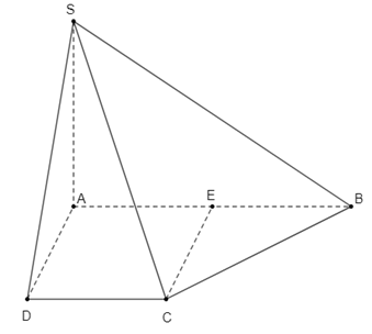 Cho hình chóp S.ABCD có đáy ABCD là hình thang vuông tại A và D, biết AD = CD = a và AB = 2a, SA vuông góc (ABCD). Gọi E là trung điểm AB. Chọn mệnh đề đúng trong các mệnh đề sau: (ảnh 1)