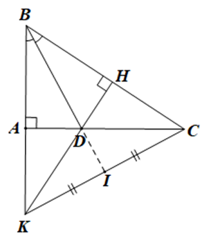 Cho tam gi&aacute;c \[ABC\] vu&ocirc;ng tại \[A\], đường ph&acirc;n gi&aacute;c \[BD{\rm{ }}(D \in AC).\] Từ \[D\] kẻ \[DH \bot BC.\]Gọi \[K\] l&agrave; giao điểm của đường thẳng \[AB\] v&agrave; \[DH,{\rm{ }}I\] l&agrave; trung điểm của \[KC.\] (ảnh 1)
