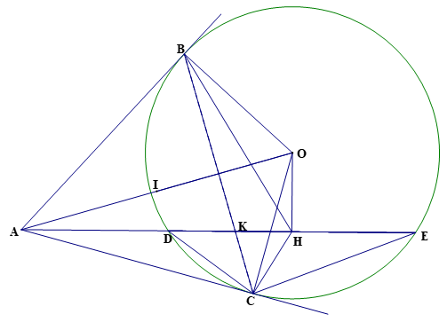 Cho đường tròn (O;R) dây DE<2R. Trên tia đối DE lấy điểm A, qua A kẻ hai tiếp tuyến AB và AC với đường tròn (O), (B,C là tiếp điểm). Gọi H là trung điểm DE, K là giao điểm của BC và DE, I là trung điểm của OA. (ảnh 1)