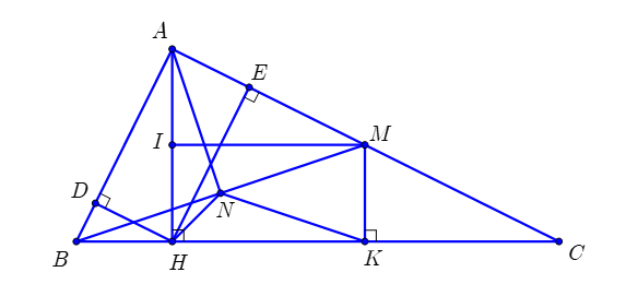 Cho \(\Delta ABC\) vuông tại \(A\), kẻ đường cao \(AH\). Từ \(H\) kẻ các đường thẳng vuông góc (ảnh 1)
