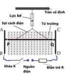 Một thanh đồng $P Q$ dài 20 cm được treo ở trạng thái nghỉ bằng các sợi mảnh cách điện (ảnh 1)