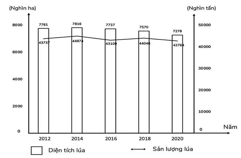 Biểu đồ dưới đây thể hiện nội dung nào về diện tích và sản lượng lúa của nước ta giai đoạn 2012 - 2020? (ảnh 1)