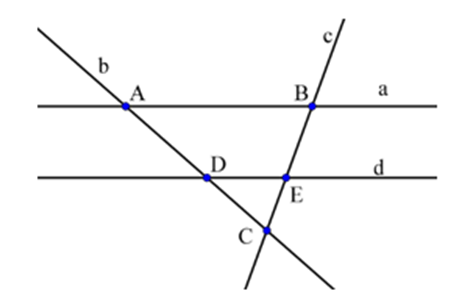 Dựa vào hình vẽ, hãy trả lời các câu hỏi sau:    (a) Hãy nêu cặp đường thẳng song song?  (b) Điểm  A , B  thuộc những đường thẳng nào? Hãy dùng kí hiệu để diễn đạt điều đó. (ảnh 1)