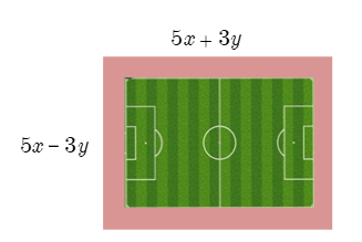 Một sân vận động hình chữ nhật có chiều dài \(5x + 3y\) (m) và chiều rộng (ảnh 1)