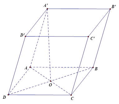 Cho lăng trụ ABCD.A'B'C'D' có đáy ABCD à hình chữ nhật tâm O và AB = a, AD = a căn bậc hai 3; A'O vuông góc với đáy (ABCD). Cạnh bên AA' hợp với mặt đáy (ABCD) một góc 45 độ. Tính theo a thể tích V của khối lăng trụ đã cho. (ảnh 1)
