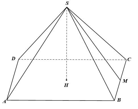Cho hình chóp tứ giác đều \(S.ABCD\) (hình vẽ bên) có độ dài đường cao SH = 12 {\;cm}} (ảnh 1)
