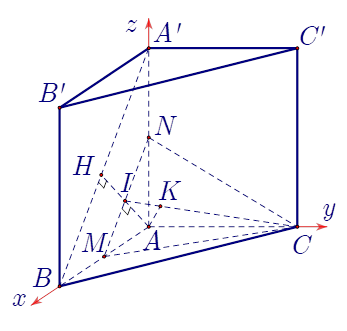 Cho hình lăng trụ đứng ABC.A'B'C' có đáy ABC là tam giác vuông tại A, biết AB = 2, AC = 3,  AA' = 4. Gọi M là trung điểm của AB. Khoảng cách giữa hai đường thẳng A'B  và CM bằng bao nhiêu? (kết quả làm tròn đến hàng phần trăm). (ảnh 1)