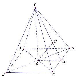 Cho hình chóp tứ giác đều S.ABCD có tất cả các cạnh đều bằng a. Khoảng cách từ tâm O của đáy tới mặt phẳng (SCD) bằng (ảnh 1)