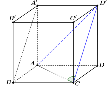 Cho hình lập phương ABCD.A'B'C'D'. Góc giữa hai đường thẳng AC và A'B bằng bao nhiêu độ? (ảnh 1)