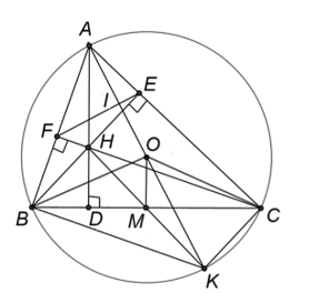 Cho tam giác ABC nhọn có  AB < AC nội tiếp đường tròn (ảnh 1)