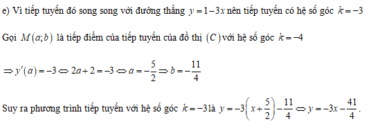 Cho hàm số y = x2 + 2x -4 có đồ thị (C) a) Tìm hệ số góc của tiếp tuyến của (C) tại điểm có hoành độ xo = 1 thuộc (C) . b) Viết phương trình tiếp tuyến của đồ thị hàm số tại điểm có hoành độ xo = 0 thuộc (C). (ảnh 2)