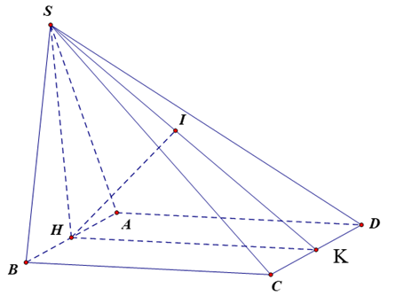 Cho hình chóp S.ABCD có đáy ABCD là hình chữ nhật, AB = 1,AD = căn bậc hai của 3 , tam giác SAB cân tại S và nằm trong mặt phẳng vuông góc với đáy, khoảng cách giữa AB và SC bằng 3/2 (ảnh 1)
