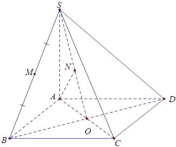 Cho hình chóp S.ABCD có đáy ABCD là hình vuông tâm O, cạnh bên SA vuông góc với mặt phẳng đáy. Gọi M là trung điểm của cạnh bên SB và N là hình chiếu vuông góc của A trên SO. Mệnh đề nào sau đây đúng? (ảnh 1)