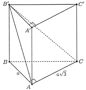 Cho lăng trụ đứng ABC.A'B'C' có đáy là tam giác vuông tại A, biết AB = a, AC = a căn bậc hai của 3  và (ACB'),(ABC) = 60 độ. Khi đó: (ảnh 1)