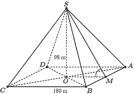 Kim tự tháp Memphis tại bang Tennessee (Mỹ) có dạng hình chóp tứ giác đều với chiều cao 98 m và cạnh đáy 180 m Số đo góc nhị diện tạo bởi mặt bên và mặt đáy của kim tự tháp đó bằng bao nhiêu độ? (kết quả làm tròn đến hàng đơn vị). (ảnh 1)