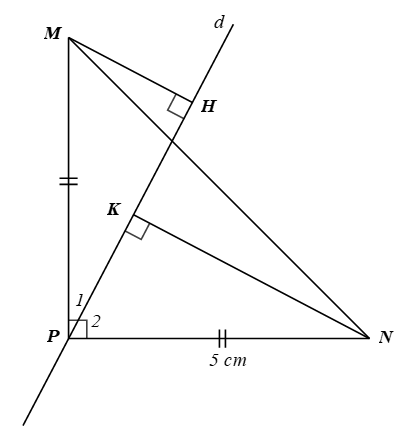 Cho tam giác \(MNP\) vuông cân tại \(P\) có cạnh PN = 5 cm. Một đường thẳng \(d\) bất kì đi qua đỉnh (ảnh 1)