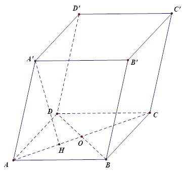 Cho lăng trụ ABCD.A'B'C'D', có đáy ABCD là hình thoi cạnh a, tâm O và góc ABC = 120 độ. Góc giữa cạnh bên AA' và mặt đáy bằng 60 độ. Đỉnh A' cách đều các điểm A,B,D (ảnh 1)
