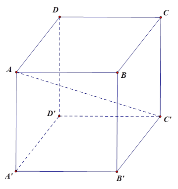 Tính thể tích V của khối lập phương ABCD.A'B'C'D', biết AC' = a căn bậc hia của 3  (ảnh 1)