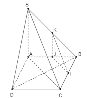 Cho hình chóp S.ABCD có đáy ABCD là hình vuông, SA vuông góc với mặt phẳng đáy. Gọi J,I , K  lần lượt là trung điểm của AB,BC và SB. Trong các mệnh đề sau, mệnh đề nào sai? (ảnh 1)