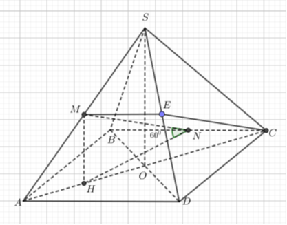 Cho hình chóp tứ giác S.ABCD có đáy là hình vuông cạnh bằng a tâm O và SO vuông góc (ABCD). Gọi M, N lần lượt là trung điểm SA và BC. Biết góc giữa MN và mặt phẳng  là 60 độ.  a) Tính độ dài MN (ảnh 1)