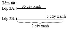 Lớp 2A trồng được 35 cây xanh, lớp 2B trồng nhiều hơn lớp 2A là 5 cây xanh. Hỏi lớp 2B trồng được bao nhiêu cây? (ảnh 1)