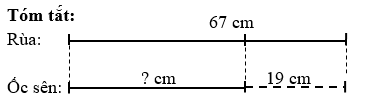 Một con rùa bò được 67 cm. Quãng đường ốc sên bò được ngắn hơn rùa là 19 cm. Hỏi ốc sên bò được quãng đường dài bao nhiêu xăng–ti–mét? (ảnh 1)