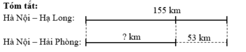 Quãng đường Hà Nội – Hạ Long dài 155 km. Quãng đường Hà Nội – Hải Phòng ngắn hơn quãng đường Hà Nội – Hạ Long là 53 km. Hỏi quãng đường Hà Nội – Hải Phòng dài bao nhiêu ki–lô–mét? (ảnh 1)