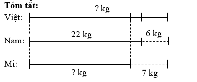 Nam nặng 22 kg, Việt nặng hơn Nam 6 kg, Mi nhẹ hơn Việt 7 kg. Hỏi a) Việt nặng bao nhiêu ki–lô–gam?		b) Mi nặng bao nhiêu ki–lô–gam? (ảnh 1)