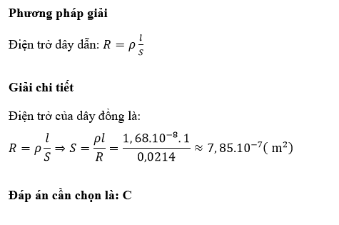 ho điện trở suất của đồng là ρ=1,68⋅〖10〗^(-8) (Ω⋅m). Dây đồng trong Thí nghiệm 3 sẽ có tiết diện là:   	7,58⋅〖10〗^(-7) (m^2 ). 	. 8,〖75.10〗^(-7) (m^2 ). 	7,85⋅〖10〗^(-7) (m^2 ). 	8,85⋅〖10〗^(-7) (m^2 ). (ảnh 1)