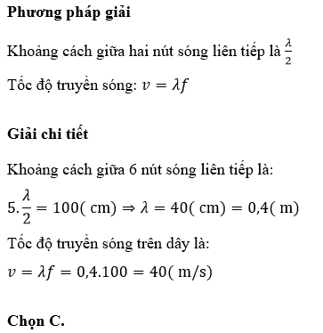 Trên sợi dây AB xảy ra sóng dừng. Khoảng cách giữa 6 nút sóng liên tiếp đo được là 100 cm. Tần số của sóng truyền trên dây là 100 Hz. Hãy xác định vận tốc truyền sóng trên dây. A. 15 m/s B. 28 m/s C. 40 m/s D. 35 m/s (ảnh 1)