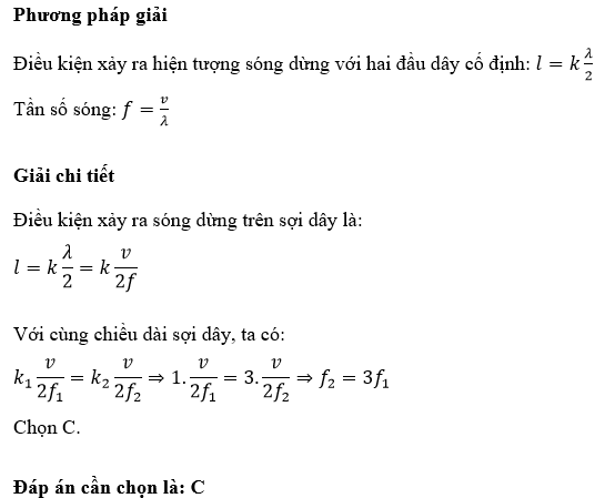Trên cùng một sợi dây, sóng cơ lan truyền với hai tần số f1 và f2 đều gây ra hiện tượng sóng dừng. Hình ảnh sóng dừng tương ứng trong hai trường hợp được biểu diễn như trong hình vẽ. Hãy chọn kết luận đúng: (ảnh 1)