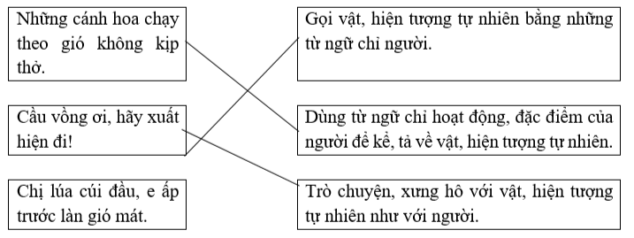 Hãy nối câu văn với các cách nhân hóa phù hợp:  Những cánh hoa chạy theo gió không kịp thở. (ảnh 1)